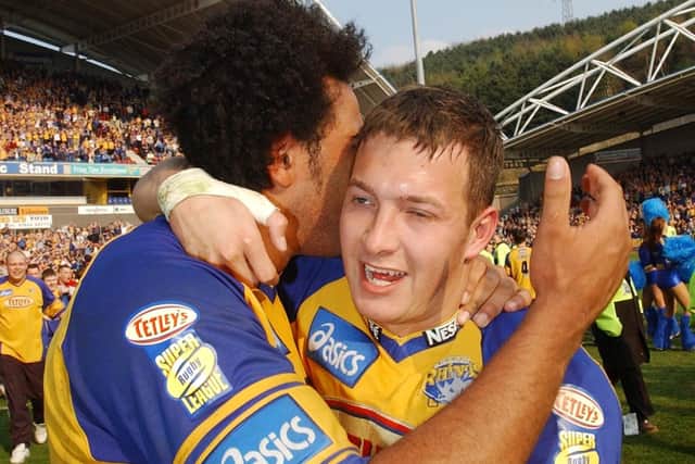 Danny McGuire celebrates with Chev Walker after his match-winning try against St Helens in the 2003 Challenge Cup semi-final. Picture: Steve Riding.