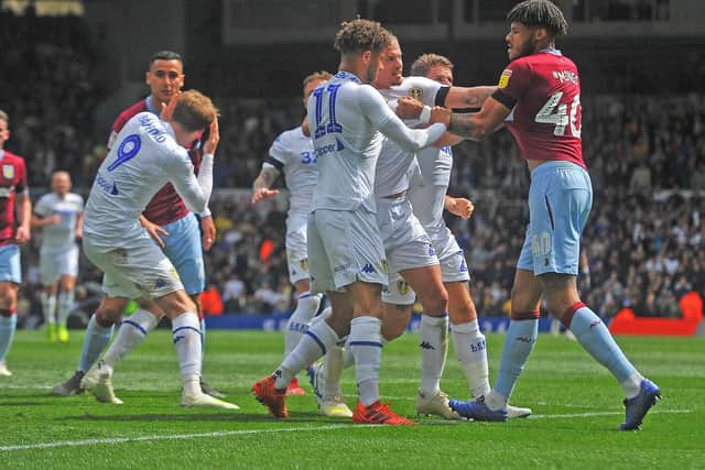 FLASHPOINT: Leeds United striker Patrick Bamford reacts to an altercation with Anwar El Ghazi in the fiery 1-1 draw against Aston Villa at Elland Road in April 2019. Picture by Tony Johnson.