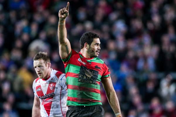 INCOMING: Greg Inglis celebrates the World Club Challenge win for South Sydney Rabbitohs against St Helens at Langtree Park in February 2015. Picture by Alex Whitehead/SWpix.com