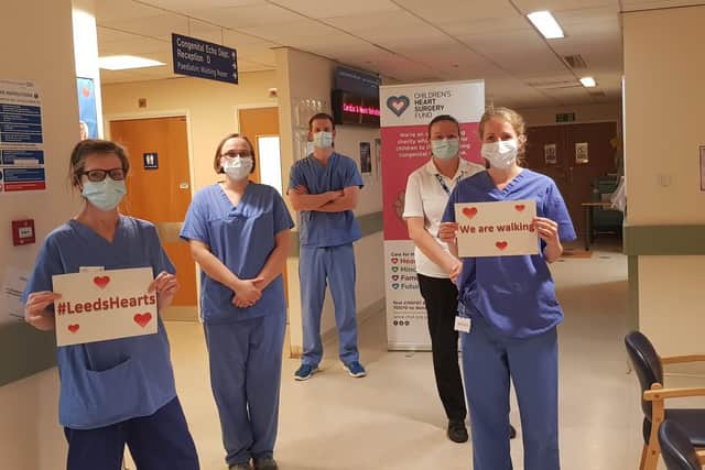 Team A - congenital echocardiographers Sam, Sara, John, Haley and Rosie - at the congenital heart unit at Leeds General Infirmary taking part in the #LeedsHearts challenge.