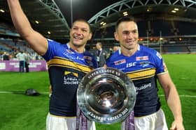 MAGIC MOMENT: Ryan Hall and Kevin Sinfield celebrate their stunning, last-gasp  win over Huddersfield Giants in September 2015.