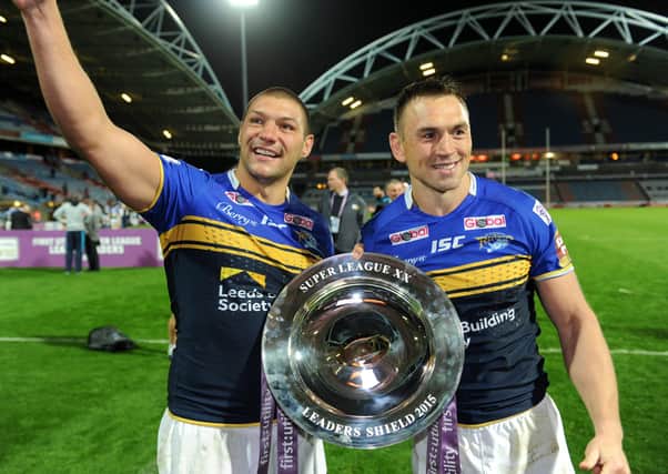 MAGIC MOMENT: Ryan Hall and Kevin Sinfield celebrate their stunning, last-gasp  win over Huddersfield Giants in September 2015.