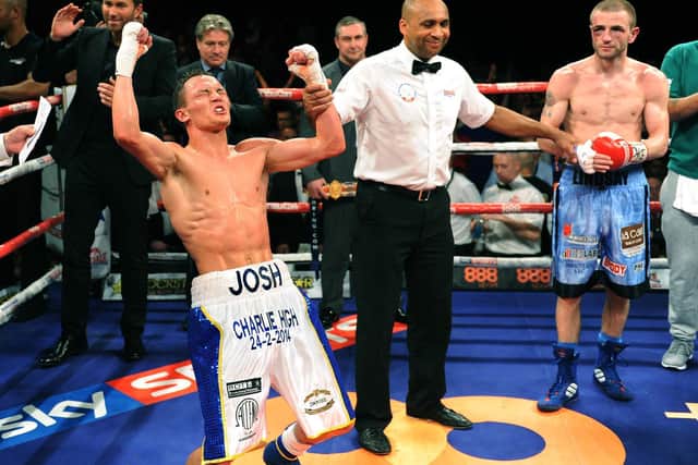FEELING CHAMPION: Josh Warrington is declared the victor in his British title bout against Martin Lindsay. Picture: Jonathan Gawthorpe.