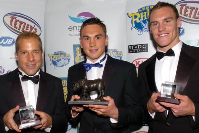 Andrew Dunemann, left, was runner-up to Kevin Sinfield, centre, as Rhinos' player of the year in 2005. Gareth Ellis, right, was third. Picture by Steve Riding.