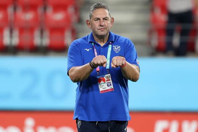 Namibia head coach Phil Davies during the 2019 Rugby World Cup match at the City of Toyota Stadium, Toyota City, Japan. PA Photo. Picture date: Saturday September 28, 2019. See PA story RUGBYU South Africa. Photo credit should read: David Davies/PA Wire. RESTRICTIONS: Editorial use only. Strictly no commercial use or association. Still image use only. Use implies acceptance of RWC 2019 T&Cs (in particular Section 5 of RWC 2019 T&Cs) at URL: bit.ly/2knOId6