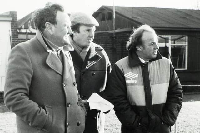LEGENDS - YEP reporter Don Warters, centre, with legendary Leeds United boss Don Revie, left, and captain Billy Bremner