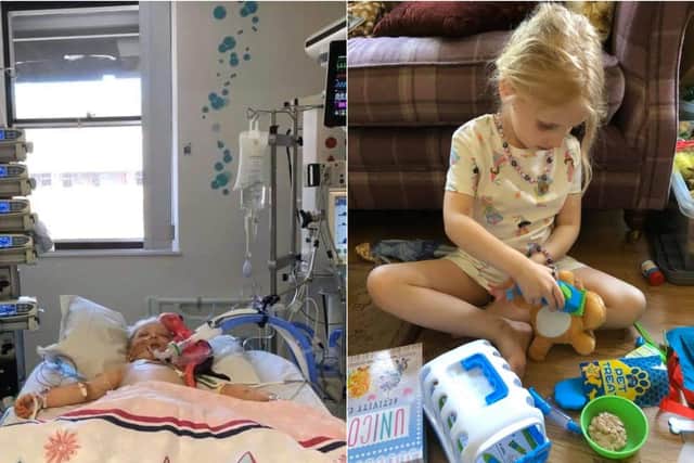 Scarlett on a ventilator at Leeds Children's Hospital and, right, back at home in Wakefield (photo: Naomi Roberts).
