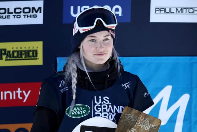 Katie Ormerod stands on the podium in February after coming third in the Women's Snowboard Slopestyle Finals at the 2020 US Grand Prix in Mammoth, California. Picture: Ezra Shaw/Getty Images