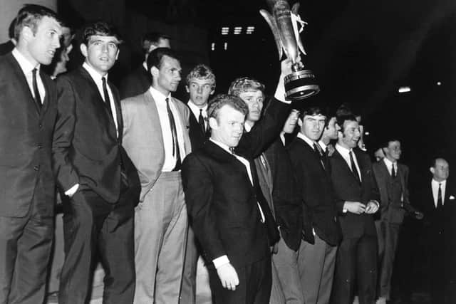 King Billy - Bremner holds aloft the Fairs Cup trophy after Leeds United won it for the first time in 1968