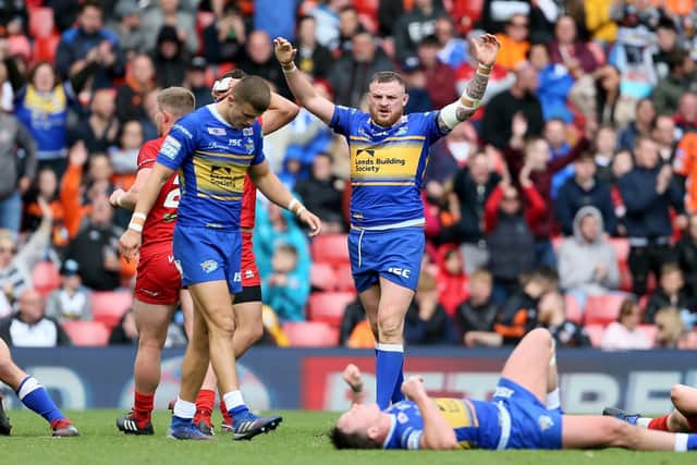 Leeds Rhinos celebrate their narrow victory over London Broncos at the Dacia Magic Weekend at Anfield last year. Picture: PA.