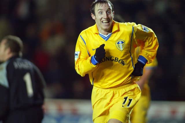 FORMER FAVOURITE: Lee Bowyer celebrates scoring the only goal of the game in the 89th minute of Leeds United's Premiership clash at Southampton in December 2001. Picture by Mike Hewitt/Getty Images.