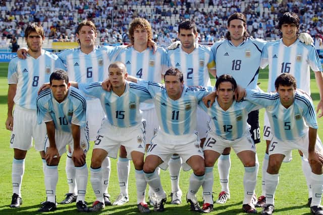 BIELSA'S BOYS: Javier Mascherano, bottom right, as part of the Argentina side about to face Paraguay in the men's football final of the 2004 Athens Olympic Games. Photo by ANTONIO SCORZA/AFP via Getty Images.