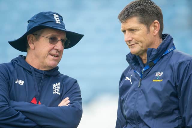 BIG DECISIONS: Yorkshire director of cricket Martyn Moxon, right, with former England head coach, Trevor Bayliss. Picture by Allan McKenzie/SWpix.com