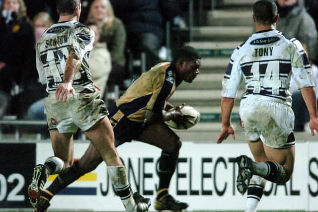 Marcus Bai opens the scoring in Rhinos' Super League round one win at Hull in 2005. Picture by Steve Riding.