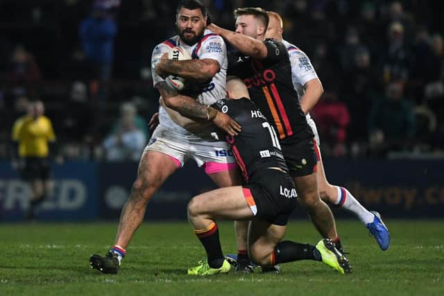 Dave Fifita in action for Trinity against Bradford in March. Picture by Jonathan Gawthorpe.