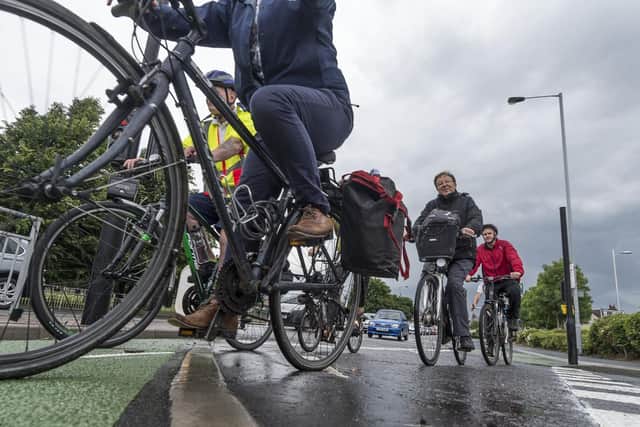 The opening of the cycle superhighway in Leeds in 2016.