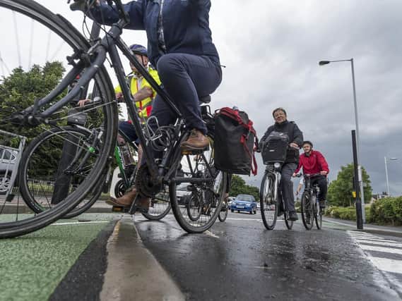 The opening of the cycle superhighway in Leeds in 2016.