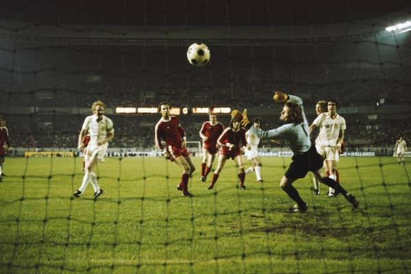 FALSE HOPE: Leeds United's Peter Lorimer, six from the left, fires home in the 62nd minute of the 1975 European Cup final against Bayern Munich in Paris only to see the goal disallowed. Photo by Don Morley/Allsport/Getty Images.