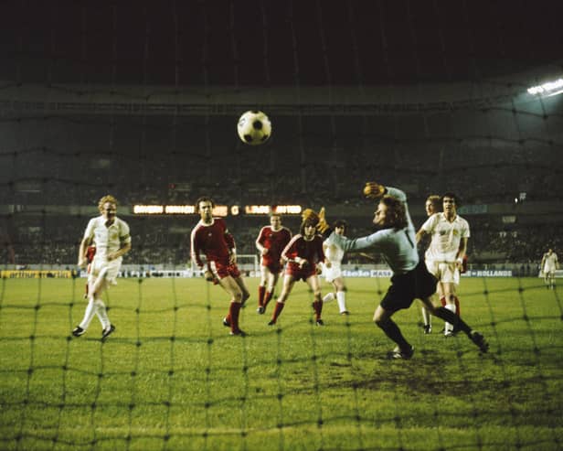 FALSE HOPE: Leeds United's Peter Lorimer, six from the left, fires home in the 62nd minute of the 1975 European Cup final against Bayern Munich in Paris only to see the goal disallowed. Photo by Don Morley/Allsport/Getty Images.