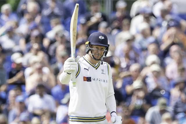 Yorkshire's Steve Patterson celebrates his half century against Warwickshire last year (Picture: Allan mckenzie/SWPix.com)