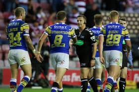 Ben Thaler referees a Super League showdown between Leeds Rhinos and Wigan Warriors. Picture by Paul Currie/SWpix.com