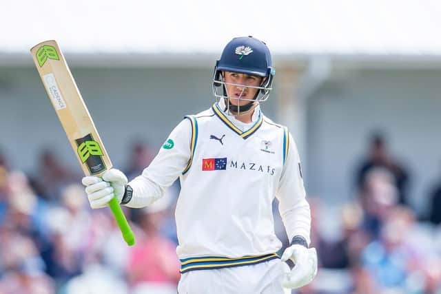 CHOSEN: Yorkshire's Tom Kohler-Cadmore celebrates his half-century against Nottinghamshire last season. Picture: Allan McKenzie/SWpix.com