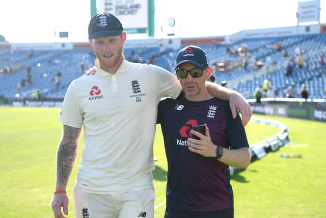 HELPING HAND: England batsman Ben Stokes with media manager Danny Reuben after hitting an unbeaten 135 to beat Australia at Headingley in August last year. Picture: Stu Forster/Getty Images