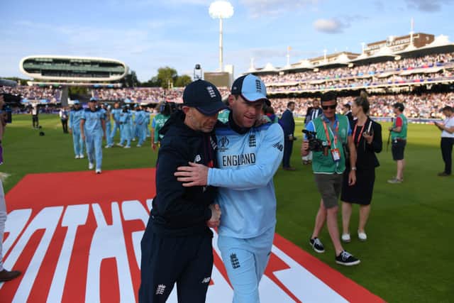 Danny Reuben with England's World Cup-winning captain Eoin Morgan after their mesmerising Lord's triumph over New Zealand last year. Picture courtesy of ECB.