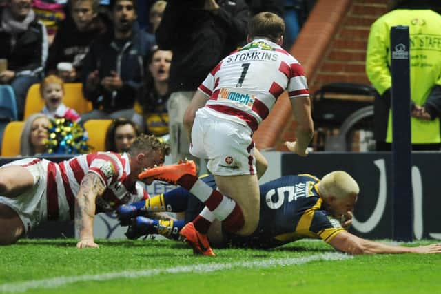 Ryan Hall touches down for his second try against Wigan in 2012. Picture: Steve Riding.