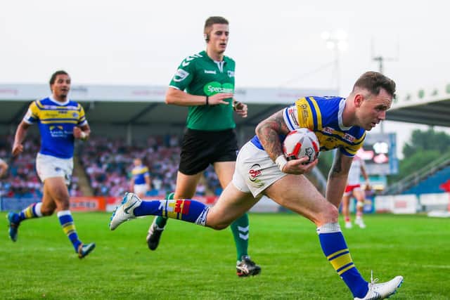 Richie Myler scores for Leeds Rhinos in their Cup win over Leigh at Featherstone. Picture by Alex Whitehead/SWpix.com.