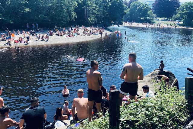 Scenes on Saturday as day trippers pack the Pebble Beach, River Wharfe, Ilkley West Yorkshire during the Coronavirus Pandemic 2020. Picture Simon Wilkinson/SWpix.com.
