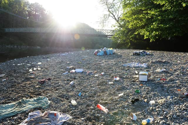 Rubbish left behind by day trippers to Ilkley's Pebble Beach on the River Wharfe, Ilkley, West Yorkshire during the Coronavirus Pandemic 2020. Picture Simon Wilkinson/SWpix.com.