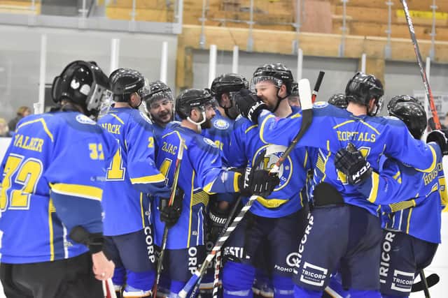 Leeds Chiefs' celebrate their overtime win over NIHL National champions Telford Tigers at Elland Road in February. Picture courtesy of Mark Ferriss.