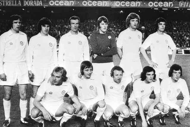 KEPT BUSY: Leeds United line up for a team photograph before their European Cup semi-final second leg clash against hosts Barcelona in May 1975. The contest was United's 62nd fixture of a 65-game season. Photo by Keystone/Getty Images.