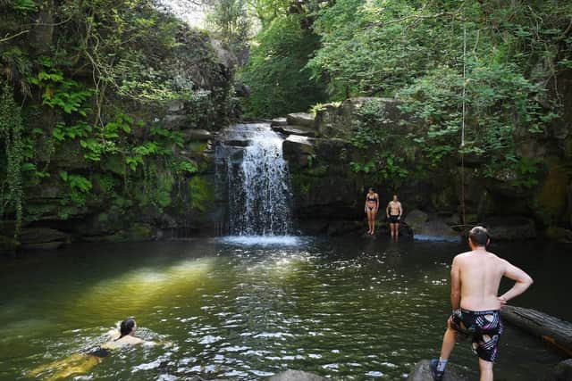 Firefighters warned of the dangers of 'tombstoning' -jumping off the falls into the pool below - at the North York Moors beauty spot