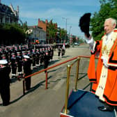 Frank Robinson salutes the HMS Ark Royal Ships Company while serving as Lord Mayor of Leeds in 2008
