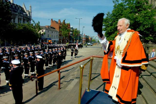 Frank Robinson salutes the HMS Ark Royal Ships Company while serving as Lord Mayor of Leeds in 2008