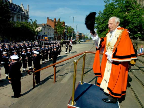 Frank Robinson salutes the HMS Ark Royal Ships Company while serving as Lord Mayor of Leeds in 2008