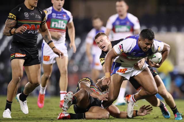 BACK IN ACTION: Daniel Saifiti of the Knights charges forward during the round three NRL match between the Penrith Panthers and the Newcastle Knights. Picture: Mark Kolbe/Getty Images.