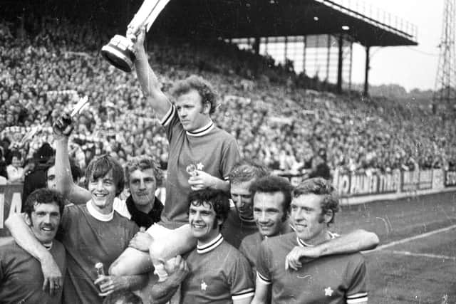 ITALIAN JOB: Leeds United celebrate winning the 1971 Fairs Cup after a 1-1 draw against Juventus at Elland Road with the Whites taking the trophy on away goals. Picture by YPN.