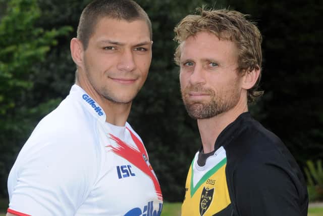 Ryan Hall and Brett Hodgson ahead of the 2011 clash between England and the Exiles. Picture: Steve Riding.
