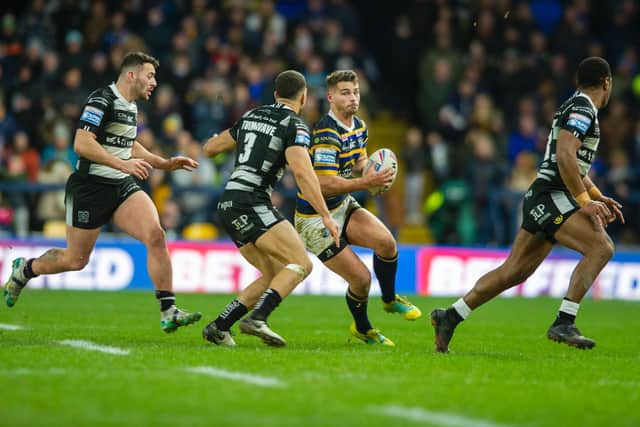 Stevie Ward on the ball in Rhinos' season-opener against Hull. Picture by Tony Johnson