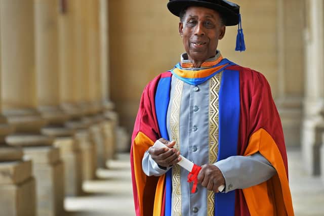 Arthur France MBE, receives his Honorary Degree from Leeds Beckett University at Leeds Town Hall in July 2018. Picture Bruce Rollinson