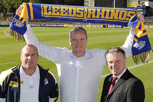 Brian McDermott (centre) is unveiled as the new coach of Leeds Rhinos in 2010 alongside Brian McClennan, left, and Rhinos chief executive Gary Hetherington, right. Picture: YPN pictures.
