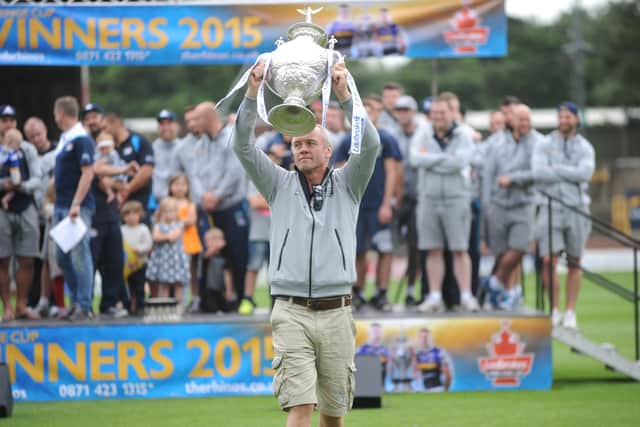 Brian McDermott with the Challenge Cup after the 2015 victory over Hull KR at Wembley. Picture: Steve Riding.