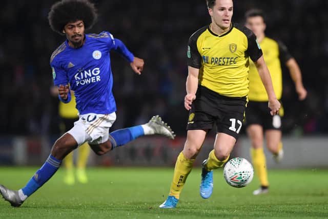 ATTACKING PROSPECT: Oliver Sarkic, right, in action for Burton Albion and looking to keep ahead of Leicester City's Hamza Choudhury, left, during a last 16 Carabao Cup tie last October. Photo by Laurence Griffiths/Getty Images.