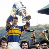 Leeds’ Alan Hardisty is hoisted aloft by Alan Smith and Les Dyl and flanked by John Langley, Keith Hepworth and John Holmes after the Loiners’ 36-9 victory over Dewsbury in the 1972 Yorkshire Cup final at Odsal. Picture: YPN.