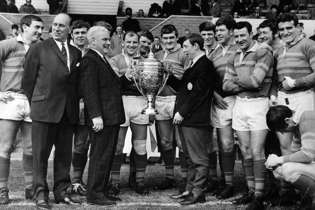 Leeds players are presented with the Yorkshire League trophy at the end of the 1968-69 season.