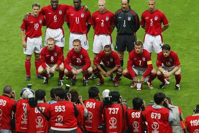 WHITES DUO: Rio Ferdinand, back right, and Danny Mills, third from right, as England line up before their 2002 World Cup clash against Marcelo Bielsa's Argentina. Photo by Koichi Kamoshida/Getty Images.