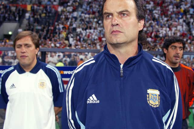 SIX-YEAR REIGN: Marcelo Bielsa as his Argentina side take on England in the 2002 FIFA World Cup in Korea and Japan at Sapporo Dome Stadium. Photo by KAZUHIRO NOGI/AFP via Getty Images.